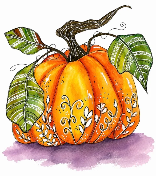 10:1- Whimsical Watercolor & Ink Pumpkin